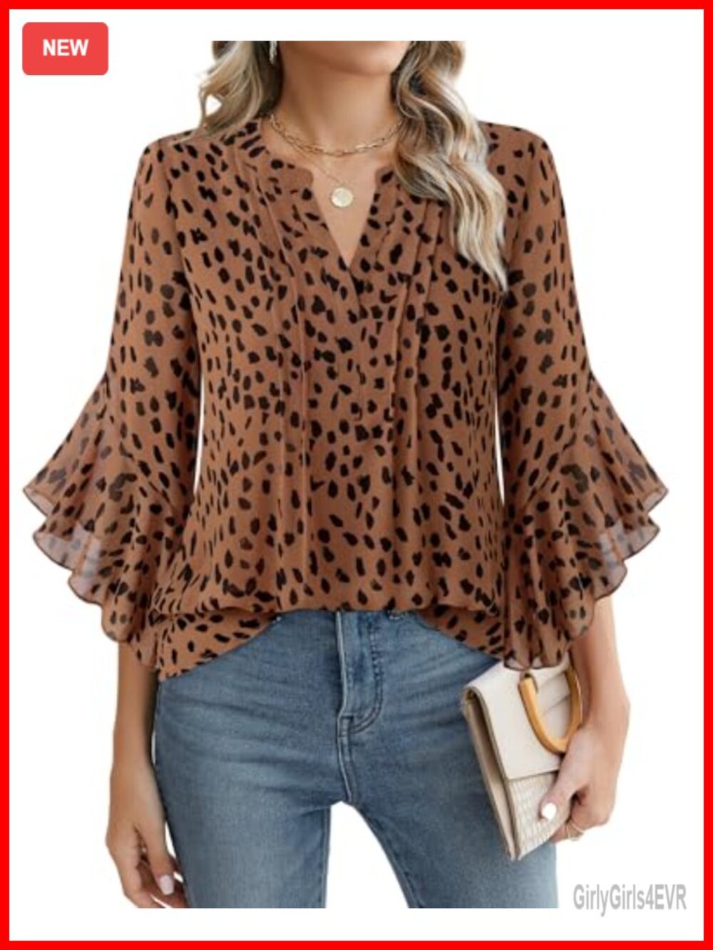 Womens 3/4 Sleeve Pleated Henley V-Neck Chiffon Tunic Blouse